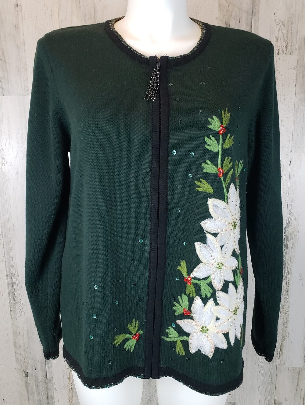 Quacker Factory Green Floral Cardigan with White Poinsettias Size XL